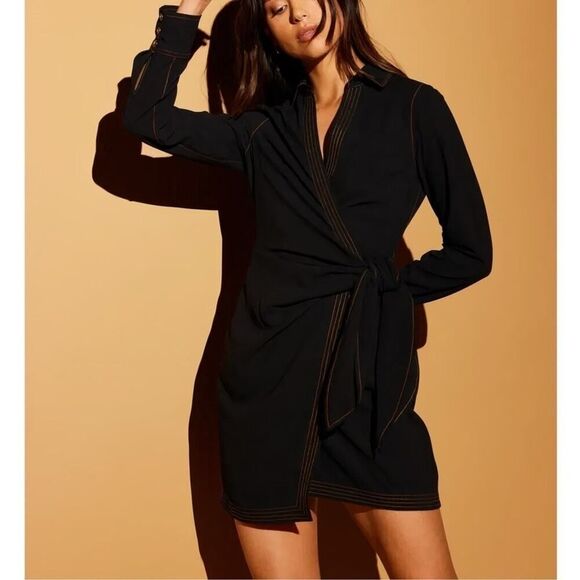 VERONICA BEARD Lavella Topstitched Mini Wrap Dress In Black Size 0 MSRP $498 - Picture 1 of 16